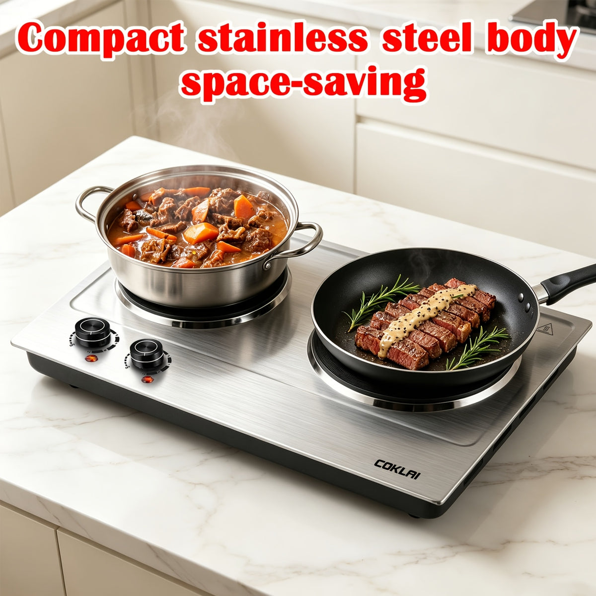 Dual Burner Hot Plate, Portable Electric Cooktop with 7.4 Inch and 6.1 Inch Heating Plates, Adjustable Temperature Control for Dorm, RV and Home Kitchen Daily Cooking