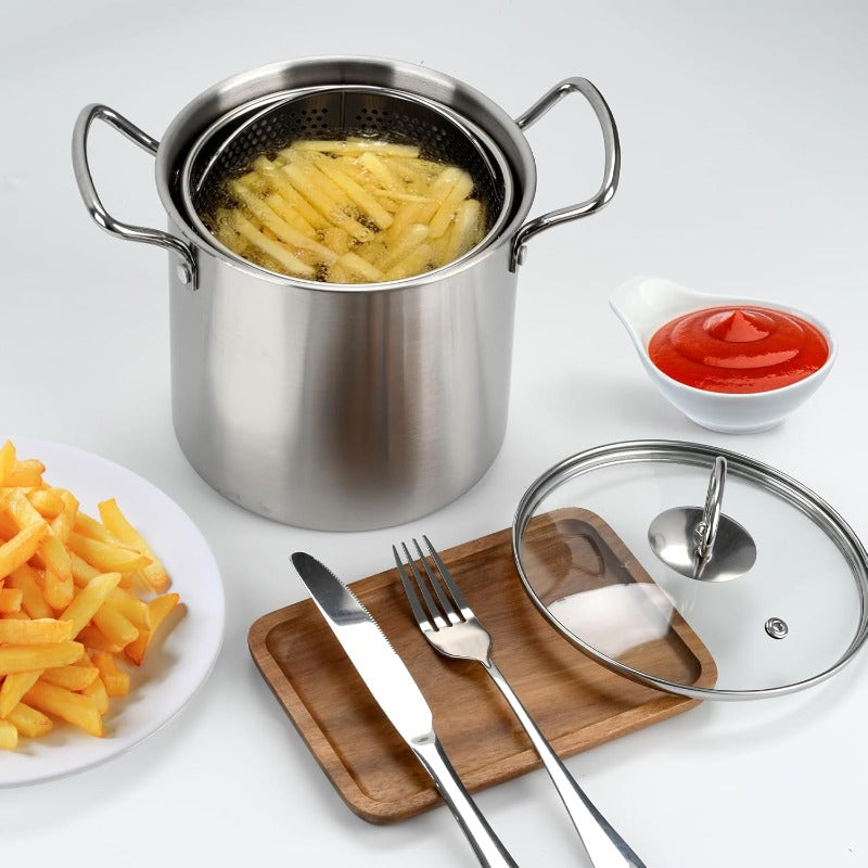 Stainless Steel Deep Fryer Pot with Lid and Basket, 3.5L/118oz Heavy Duty Large Frying Pan with Oil Drip Drainer System and Sturdy Handle, Professional Fry Pot for Home Kitchen, Restaurant, Party and Picnic Cooking