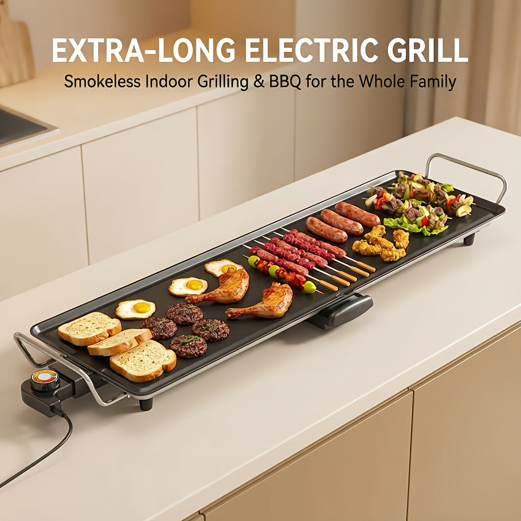 Electric Grill with Nonstick Roasting Surface, Adjustable Temperature and Listed Drip Tray, Extended-Length, Medium or Large Options for Family Meals