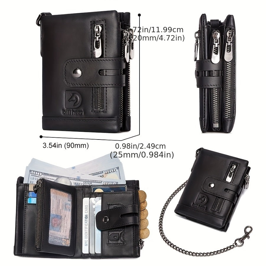 Mens Chain Wallet in Black with Short Wallet Format, Listed Card Clip and Double Zipper Change Storage for Everyday Card Organization and Gift Shopping