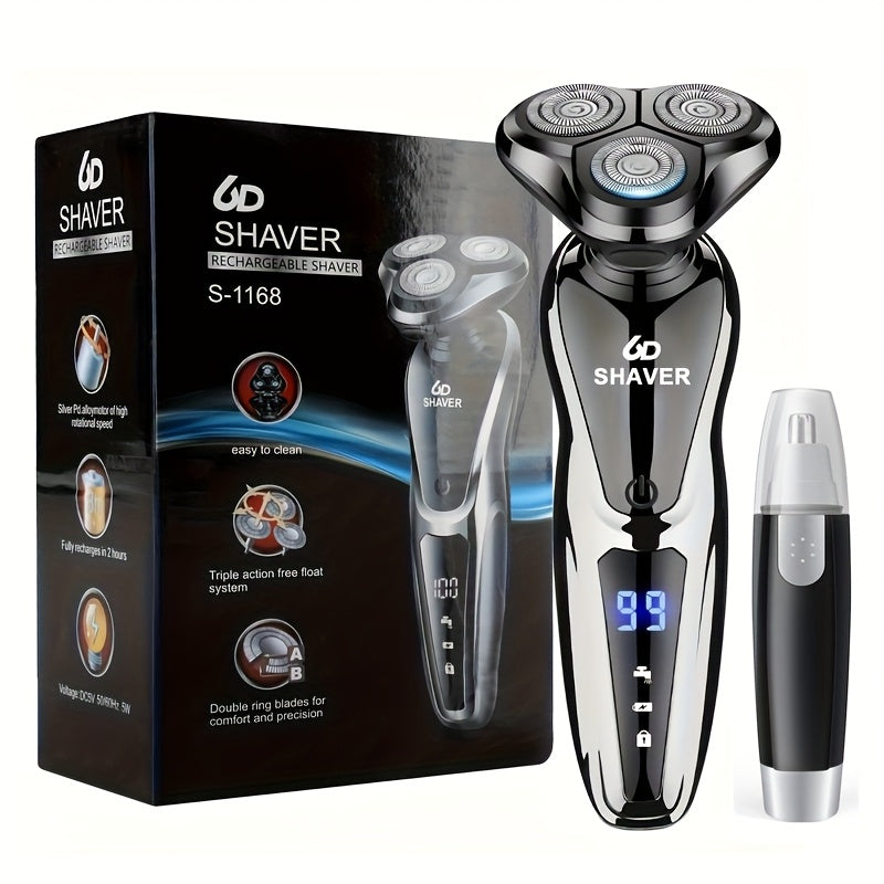 Cordless Electric Shaver for Men in Black with Rechargeable Battery, 3D Floating Cutter Head and LED Display, Single or Two-Piece Grooming Options