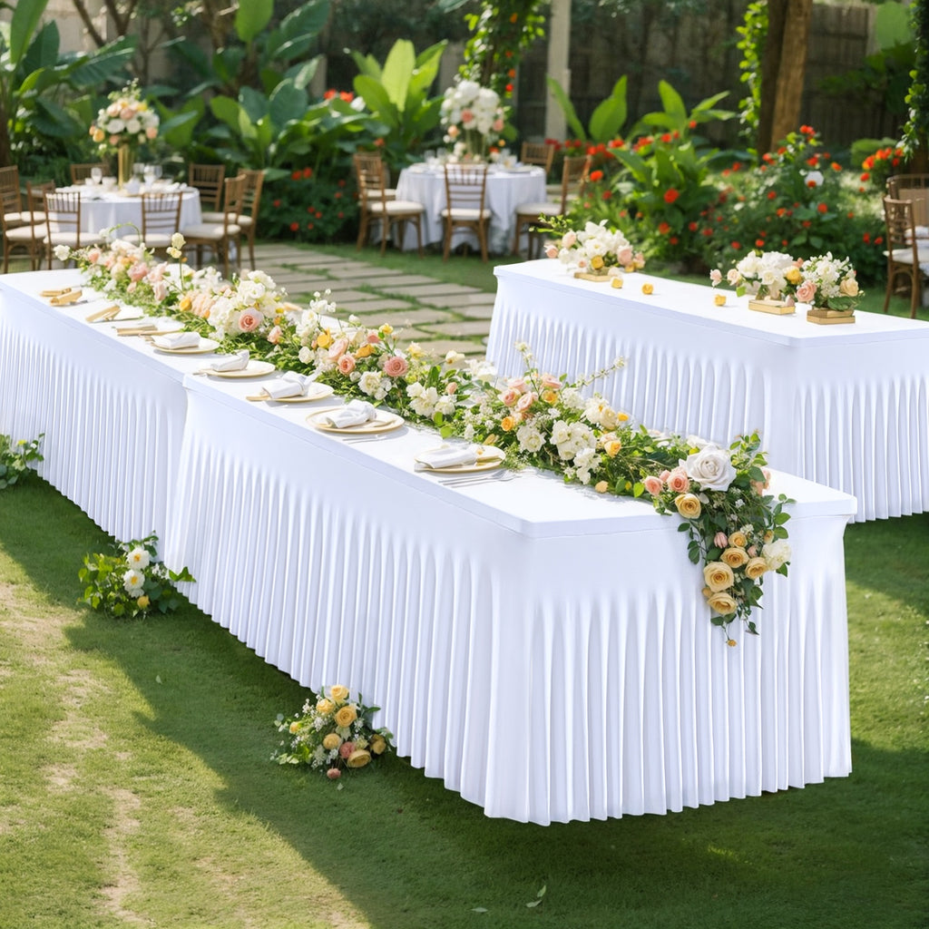 Ruffled Tablecloth for 4-Foot Rectangular Tables, One-Piece Polyester Spandex Table Cover with Integrated Skirt for Wedding Buffets, Dessert Displays and Parties