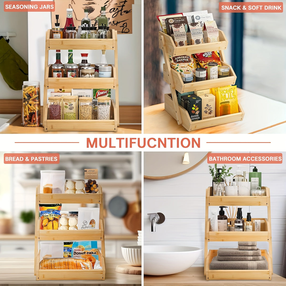 Wooden Fruit Basket Stand for Kitchen Countertops, Two or Three Tier Open Slat Produce Organizer with Natural Wood Finish and Detachable Hooks for Fruit, Bread and Packaged Snacks
