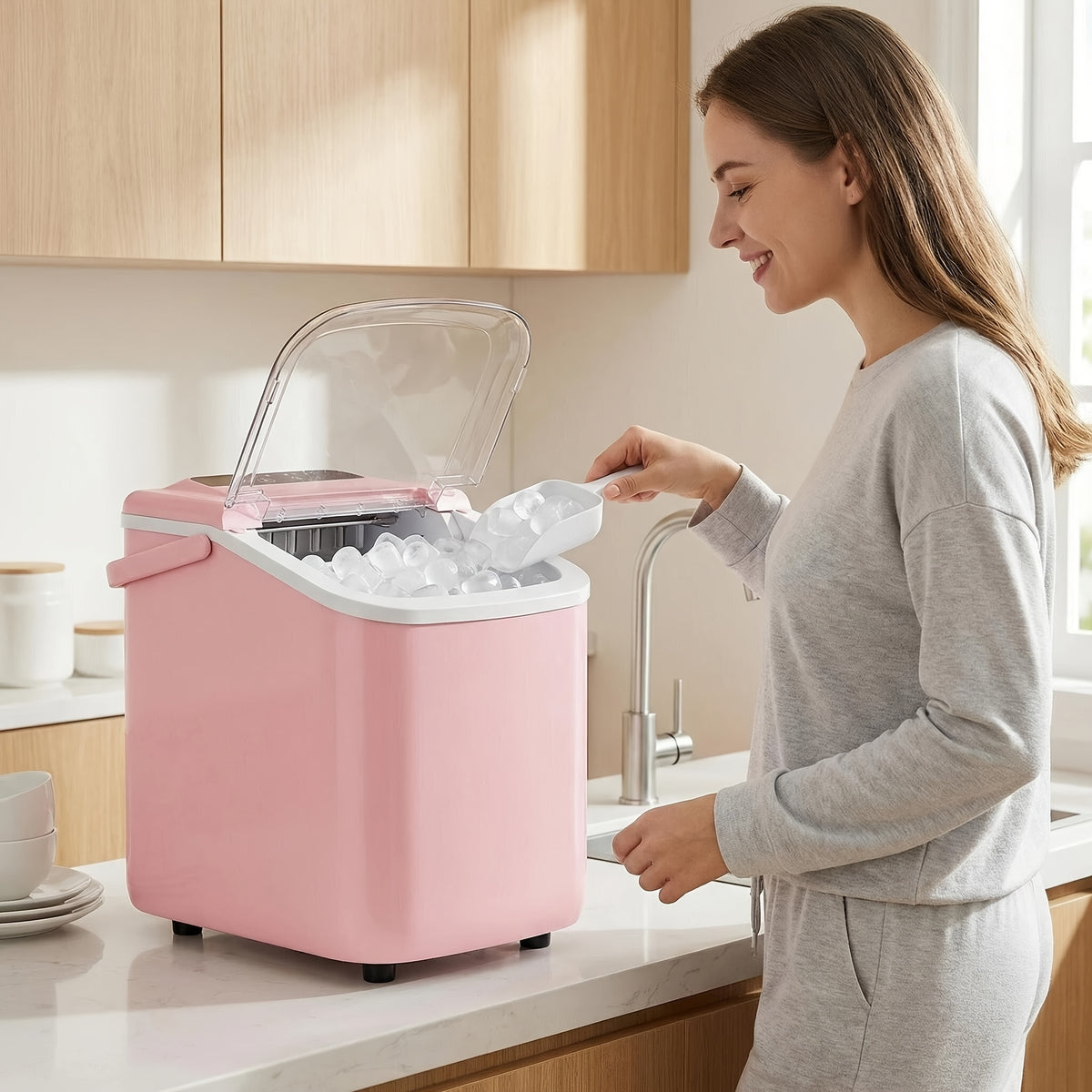 White Bullet Ice Maker with Carry Handle, Self-Cleaning Function, Ice Scoop and Basket, Listed Nine-Cube Six-Minute Cycle for Kitchen, Office and Party Drinks