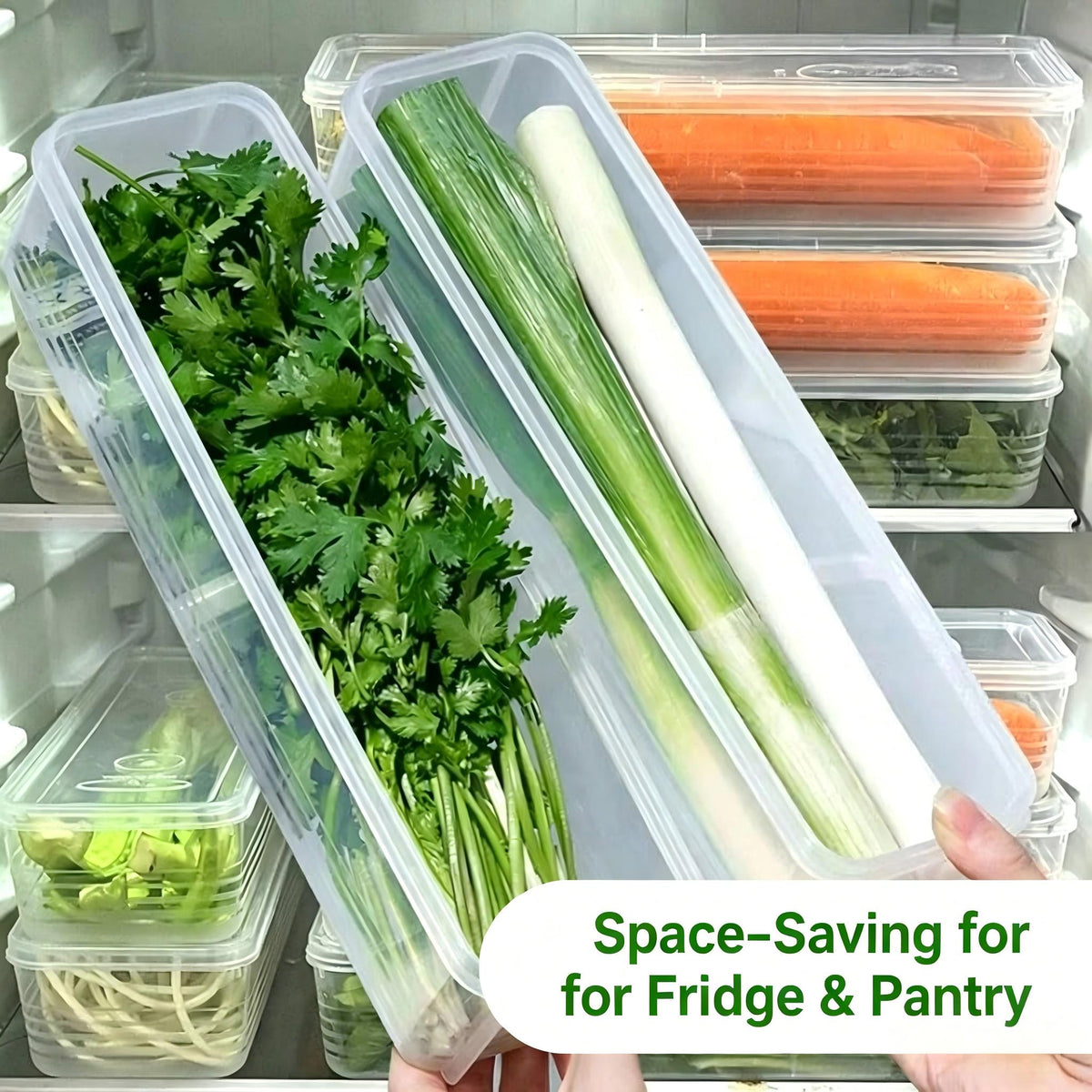 Rectangular Refrigerator Food Containers with Lids, Listed 4-Pack Reusable BPA-Free Plastic Organizers for Onions, Herbs, Garlic, Noodles and Eggs, Hand Wash Care