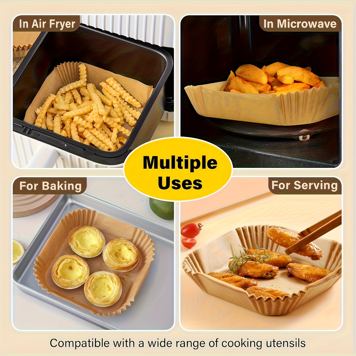 Disposable Air Fryer Paper Liners, 8-Inch Square Bleach-Free Nonstick Baking Liners in 125 or 250 Count Options for Compatible 5–8QT Baskets
