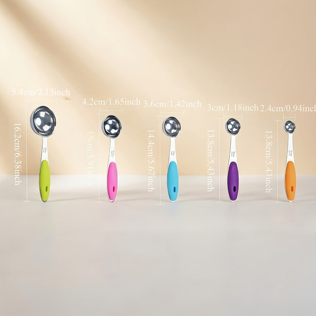 Stainless Steel Measuring Spoon Set with Silicone Handles, Five-Piece Kitchen Measuring Tools in Random Colors for Everyday Home Cooking and Baking Prep