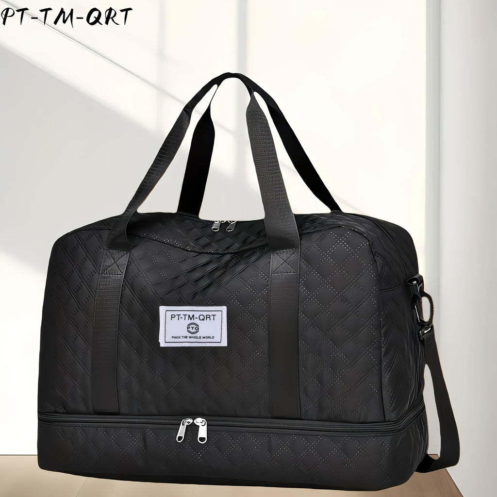 Quilted Travel Tote Bag Set with Detachable Crossbody Strap and Compartment Storage, Woven Fabric Handbag for Gym and Short Trips, 2 or 3-Piece Options