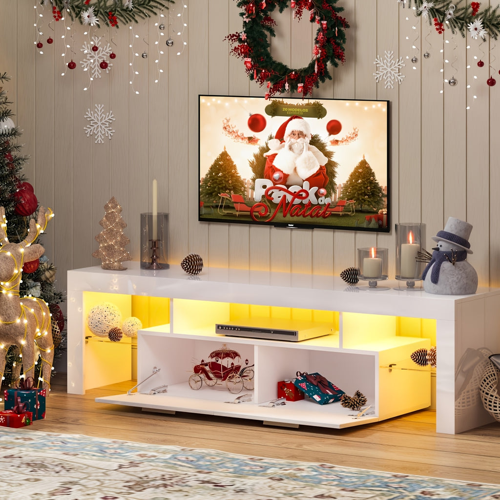 White LED TV Stand with Cabinet Storage and Glass Shelves, Modern Media Console for Living Room and Game Room in 130, 167 or 180 cm Model Options