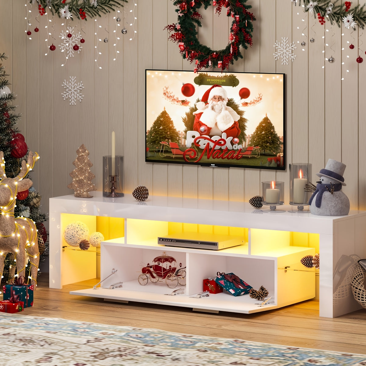 White LED TV Stand with Cabinet Storage and Glass Shelves, Modern Media Console for Living Room and Game Room in 130, 167 or 180 cm Model Options