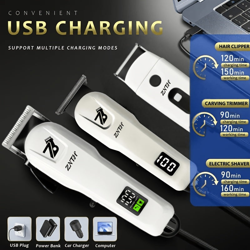 LCD Hair Clipper with Listed USB Charging and Stainless Steel Blades, Upgraded Single Clipper or Three-in-One Electric Razor and Shaver Kit for Home Grooming