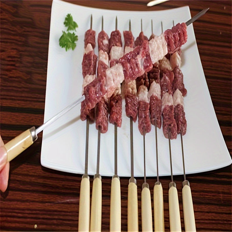 10pcs Stainless Steel Skewers, Multi-Functional Metal BBQ Skewers with Wooden Handles, Stainless Steel Grilling Skewer Sticks for Outdoor Cooking and Barbecue Supplies