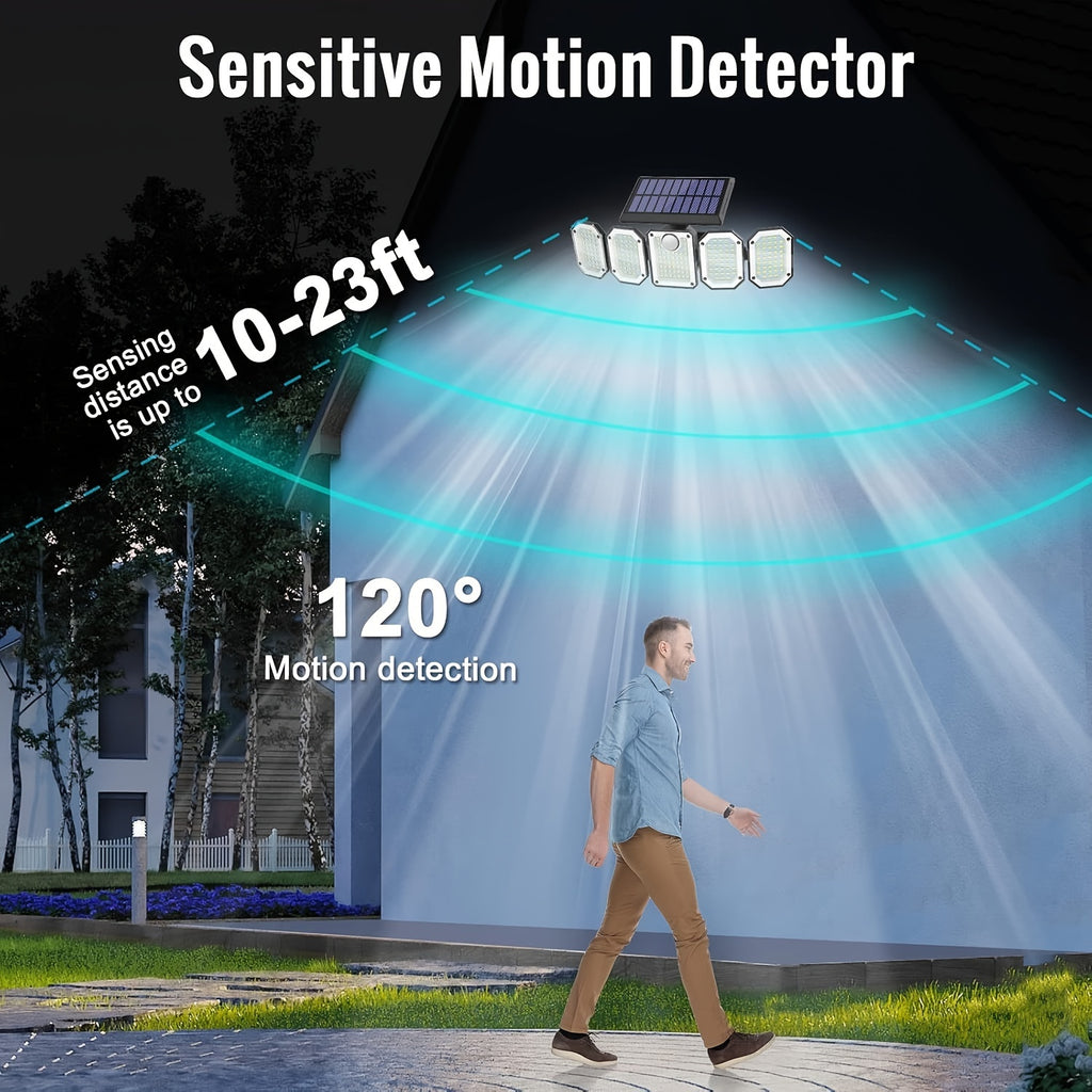 Five-Head Solar Motion Sensor Light with Listed 300 LEDs, 6500K Color Temperature, Remote Control and IP65 Rating, Single-Piece Outdoor Floodlight for Yard and Garage