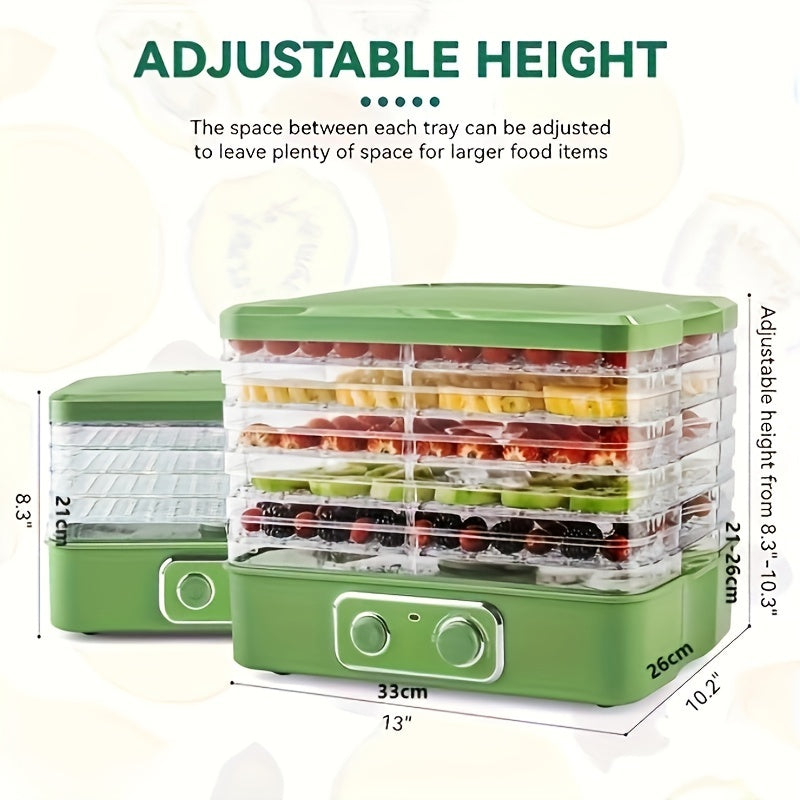 Stackable Food Dehydrator for Fruit, Vegetables and Herbs, Listed Five-Tray 240W Temperature-Control Model with Green, Silvery and Eight-Tier Option Labels