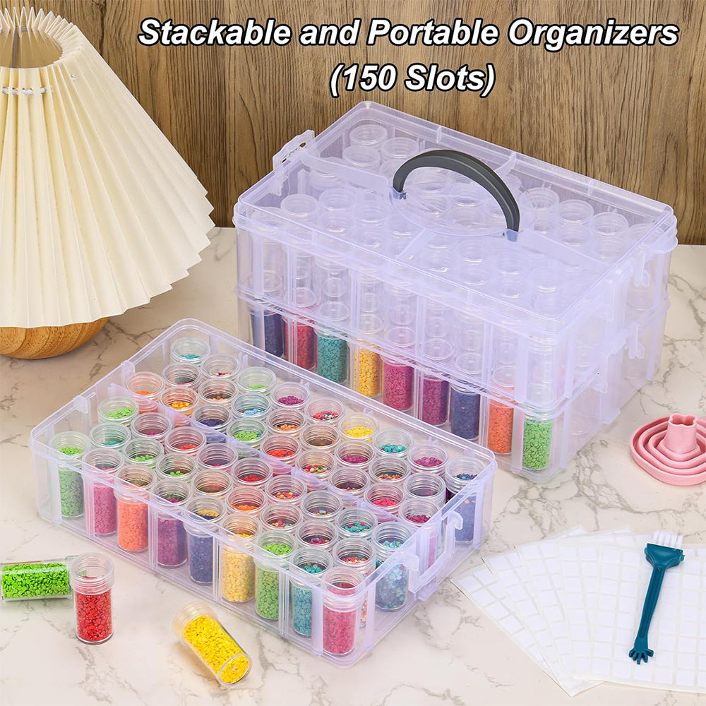 150-Slot Diamond Painting Storage Box by Whonline with Three-Tier Stackable Design, Portable Organizer for Diamond Art Drills, Jewelry Beads and Home Craft Supplies