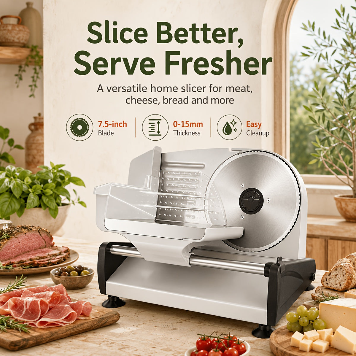 Electric Meat Slicer for Home, OSTBA 7.5-Inch Removable Stainless Steel Blade, Adjustable Thickness & Child Lock for Meat, Cheese and Bread