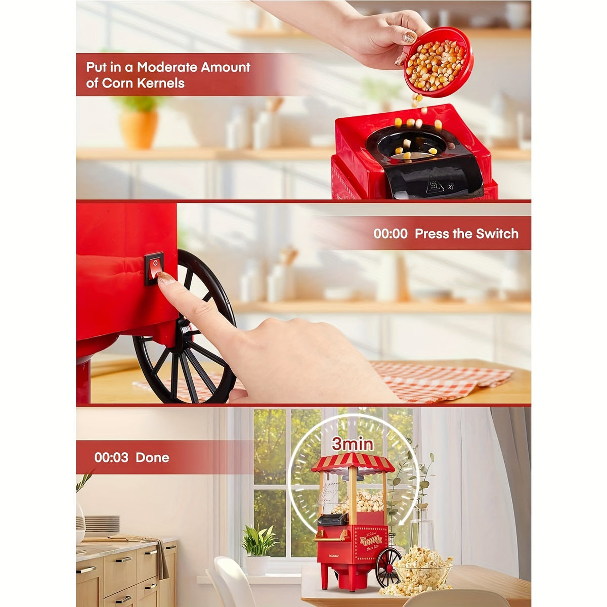 Red Hot Air Popcorn Maker by Oyajia with Listed 1400W Power and Measuring Cap, Electric Air Popper with Lid and User Manual for Home Movie Nights and Party Snacks