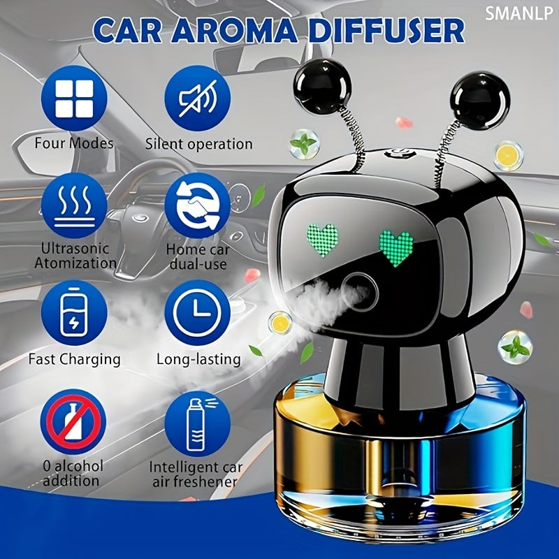 Robot Car Air Freshener with Dynamic Expressions, Automatic Start Stop Spray and Four Adjustable Fragrance Levels, Five Color and Scent Options