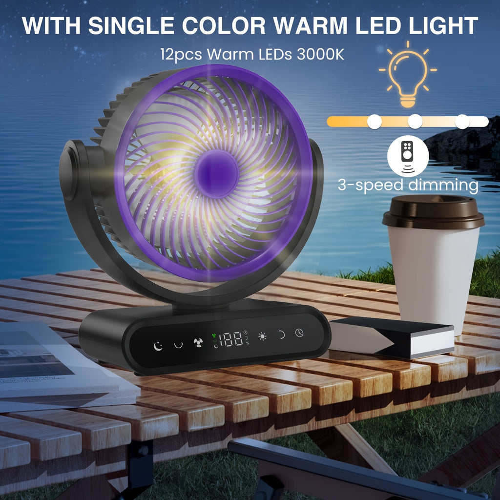 9-Inch Oscillating Camping Fan with Remote Control, 5 Speeds and 12 Warm LEDs, Listed 20000mAh or 40000mAh Options for Campsite Airflow and Home Use