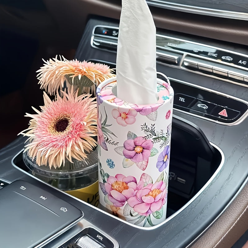 Cup Holder Car Tissue Tubes, Two-Roll Pink and White Floral Facial Tissue Pack in Compact Cylindrical Containers for Vehicle Interior Organization and Daily Use