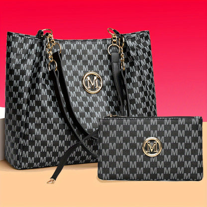 Lotus Print Shoulder Bag Set for Women with M Letter Pattern and M-Shaped Hardware, Listed Two-Piece Fashion Set with Fixed Shoulder Strap in Brown, Black or Beige