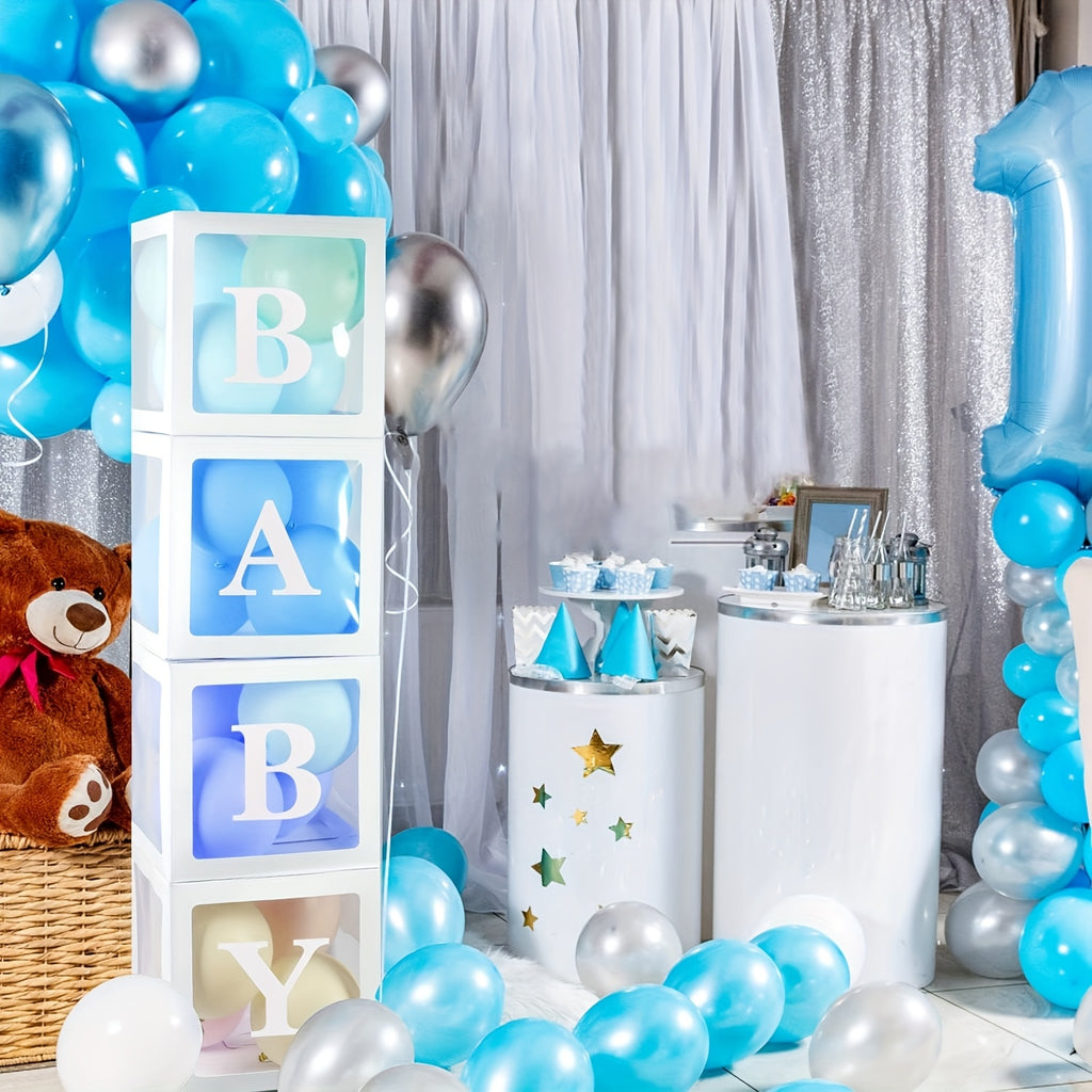 Transparent Balloon Boxes Set of 4 in White with Four Letter Pieces for Baby Shower Styling, Gender Reveal Celebrations, Birthday Parties and Event Decorations