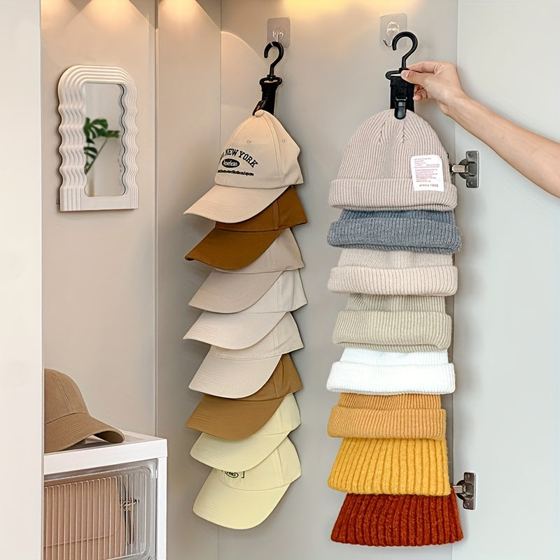 Hanging Hat Organizer with Eight Clips for Baseball Caps, One-Piece Black or Grey Wardrobe Storage Tool for Home Closets and Everyday Cap Collections