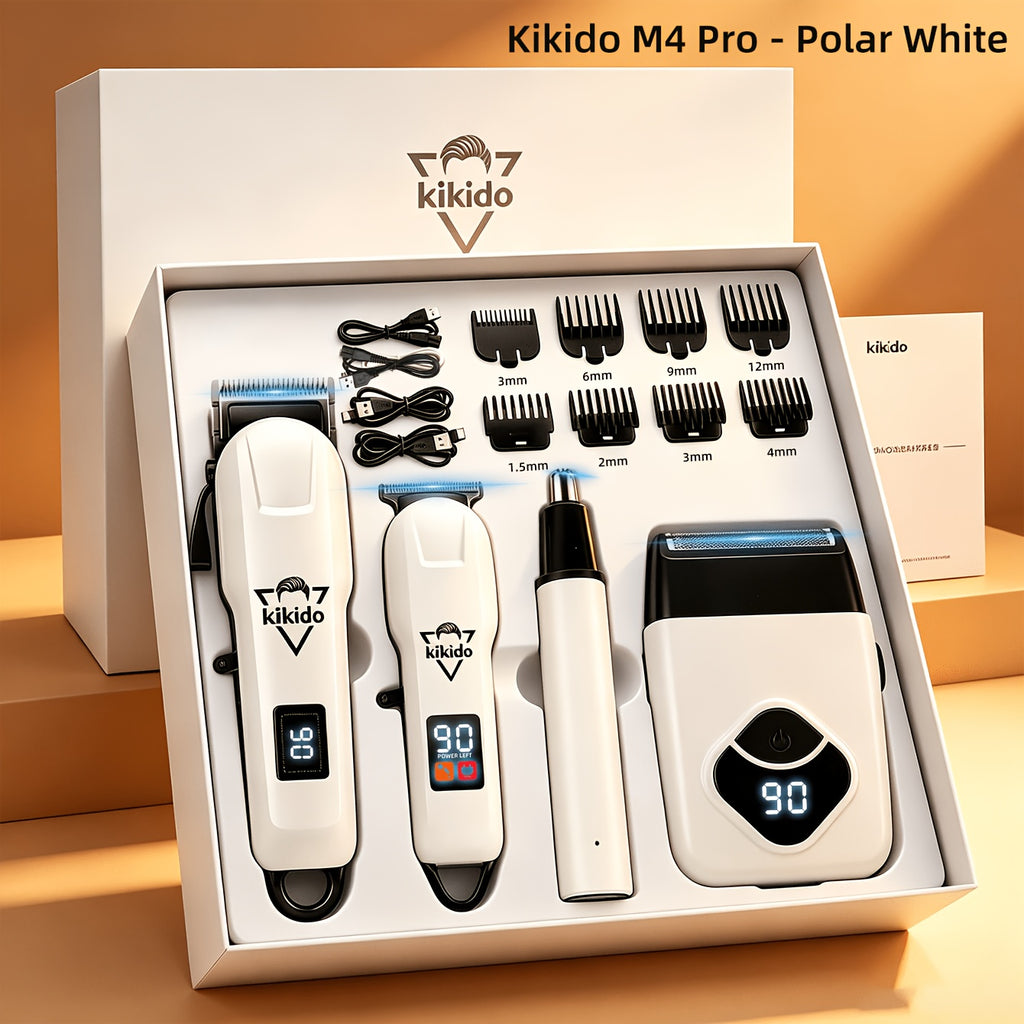 M4 Pro and M2 Pro Grooming Kit Options with Listed Electric Clipper, T-Trimmer and Shaver Wording, Black Golden or Polar White Labels for Men's Hair Care