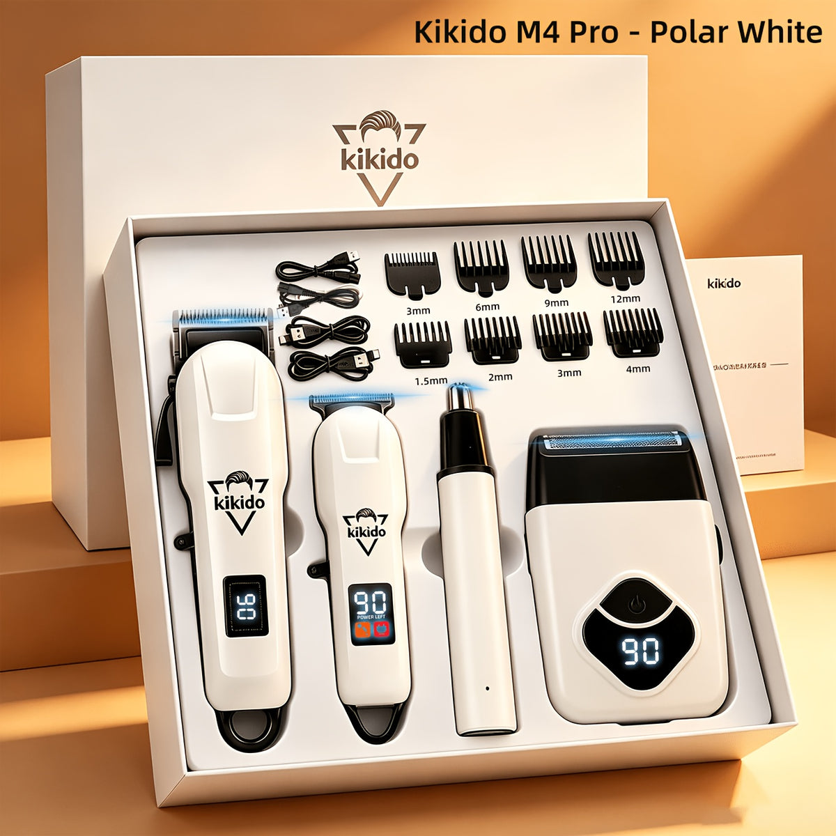 M4 Pro and M2 Pro Grooming Kit Options with Listed Electric Clipper, T-Trimmer and Shaver Wording, Black Golden or Polar White Labels for Men's Hair Care
