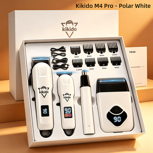 M4 Pro and M2 Pro Grooming Kit Options with Listed Electric Clipper, T-Trimmer and Shaver Wording, Black Golden or Polar White Labels for Men's Hair Care