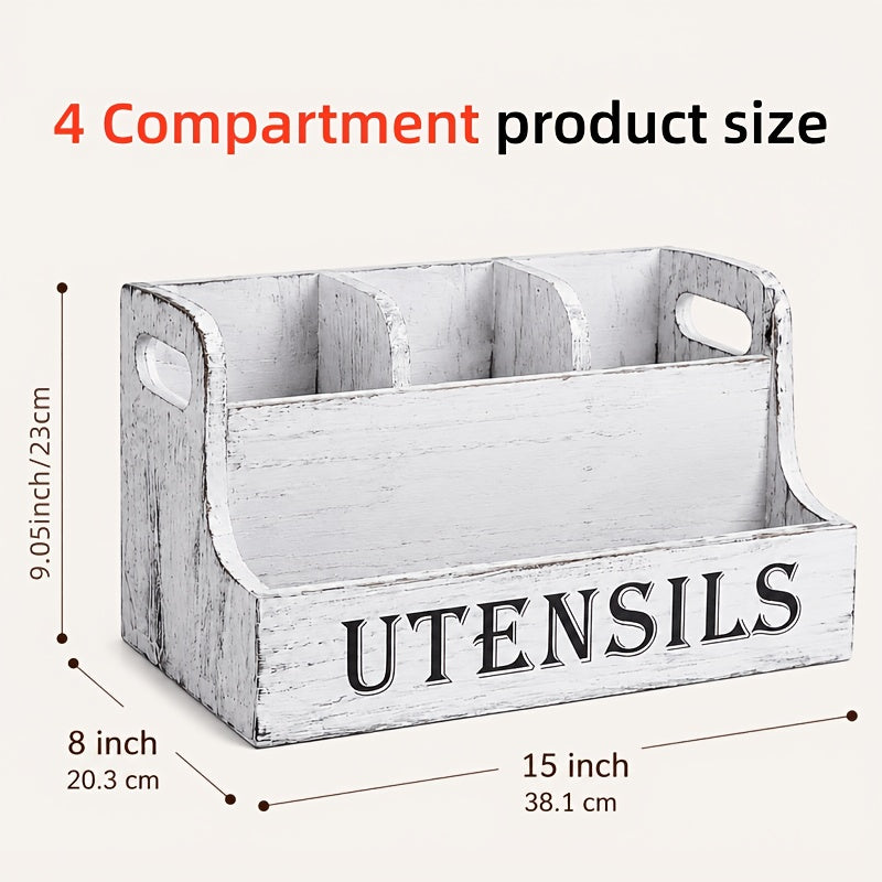 Wooden Utensil Organizer by LDQ with Rustic Styling, Grey White Selection and Grey White or Black Four-Compartment Options for Cooking and Baking Tool Storage