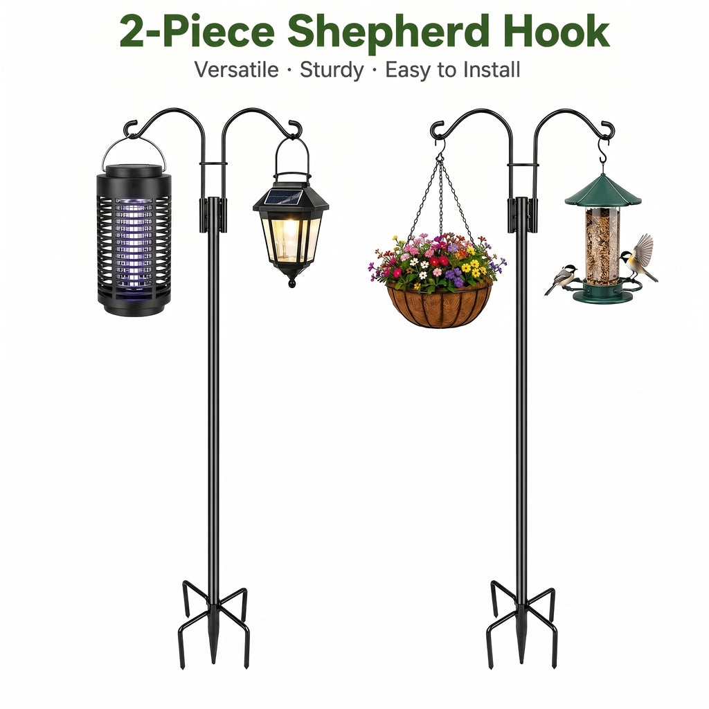 Double Shepherd Hooks for Garden, Listed Two-Piece 60-Inch Metal Pole Set with Five-Claw Bases and Adjustable Design for Bird Feeders, Hanging Baskets and Lanterns