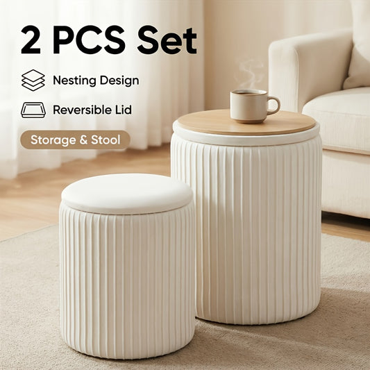 Round Storage Ottomans Set of Two with Lids and Upholstered Styling, Hidden Storage Furniture in Black, Grey or Beige for Living Room and Vanity Area Organization