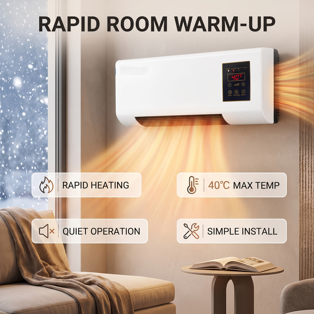 Wall Mounted Electric Heater and Fan in White with Remote Control, PTC Heating and Natural Wind Modes, Compact 60cm Design Without Refrigeration