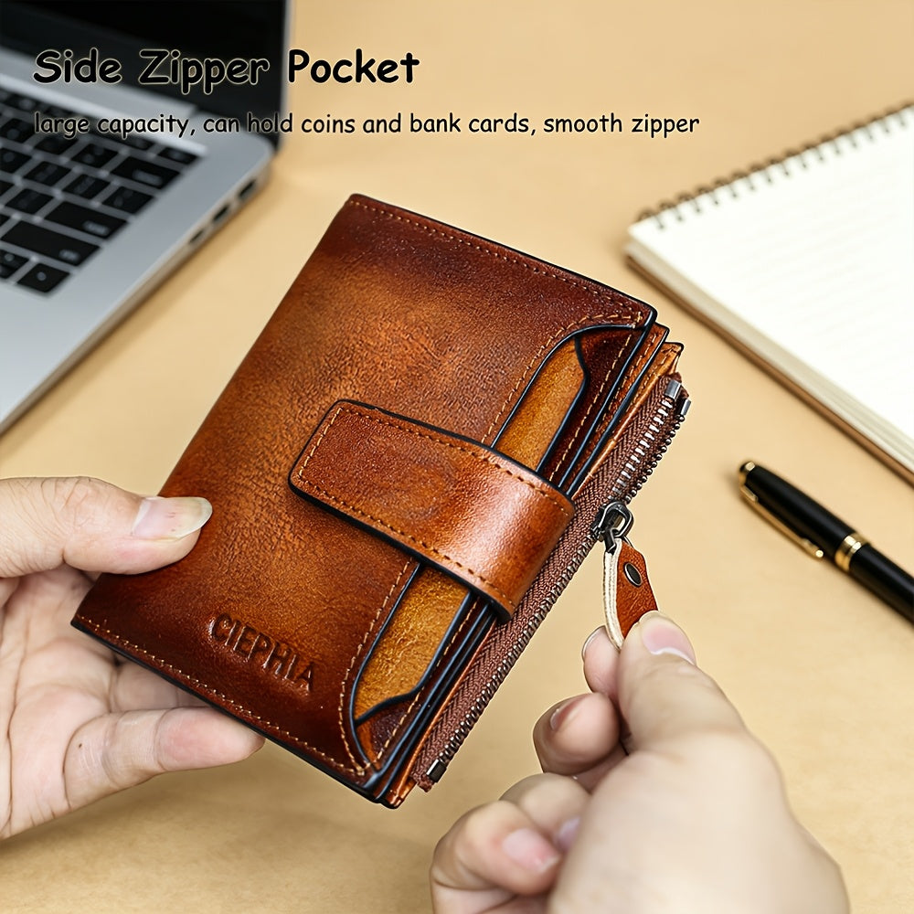 1pc Men's Genuine Leather RFID Blocking Wallet Suitable for Valentine's Day Gift, Vintage Short Top Layer Cowhide Billfold with Zipper Closure, Multi-Function Card Holder & Coin Pocket, ID Holder for Cash,, Keys - Father's Day Gift for Men