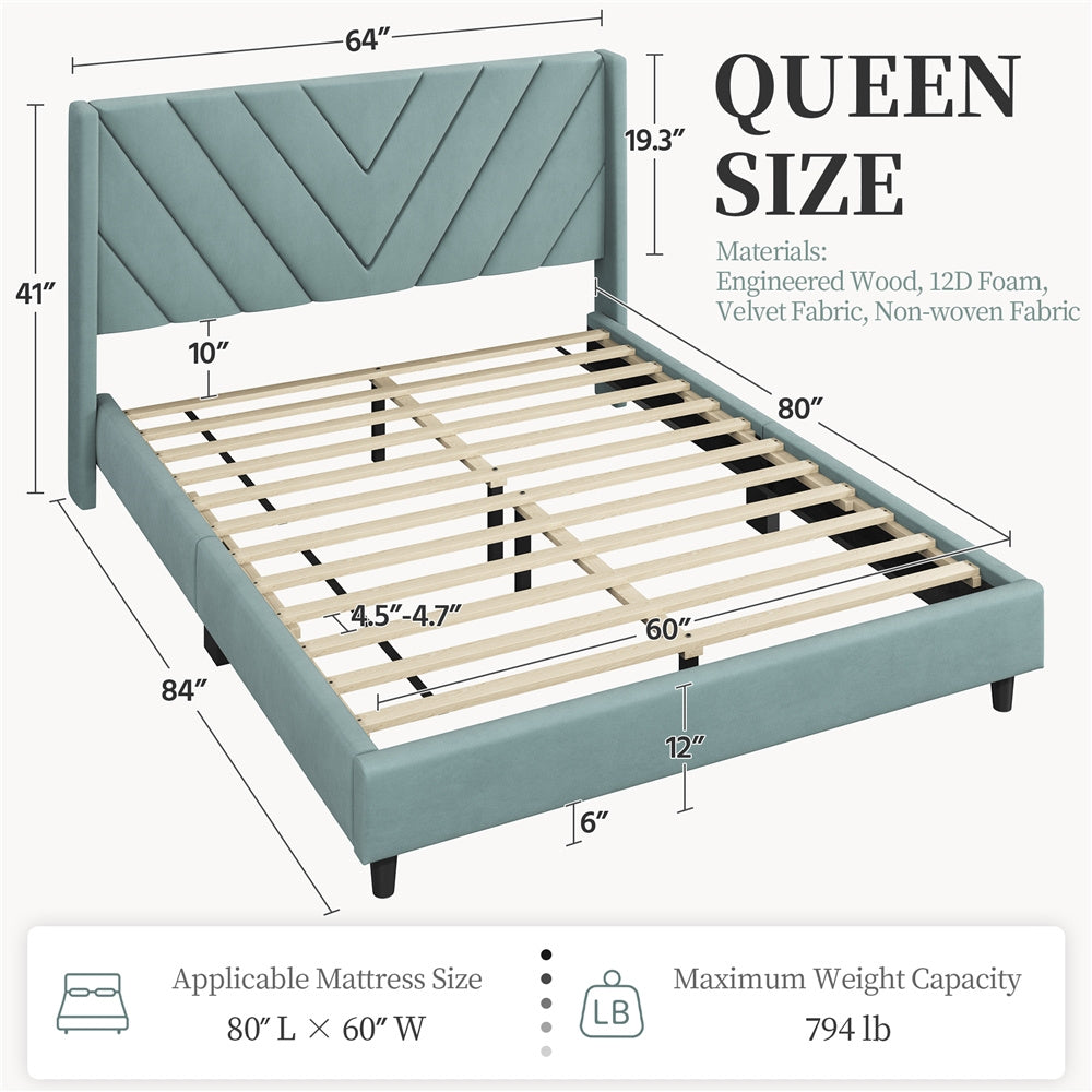 Velvet Platform Bed Frame by Costoffs with Wingback Headboard and Geometric Stitching, Wooden Slat Support, No Box Spring Needed, Twin to King Options