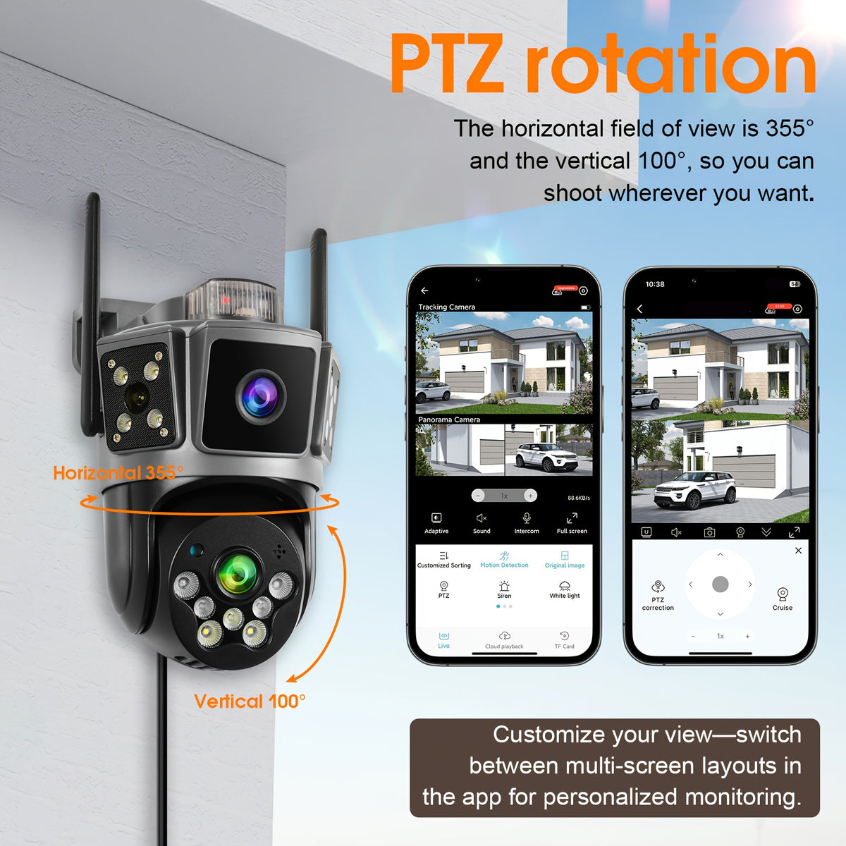 Three-Screen Dual-Lens WiFi Security Camera with Wired DC Power, O-KAM Pro App, 355° Pan and 100° Tilt, Night Vision and Two-Way Audio in White or Grey