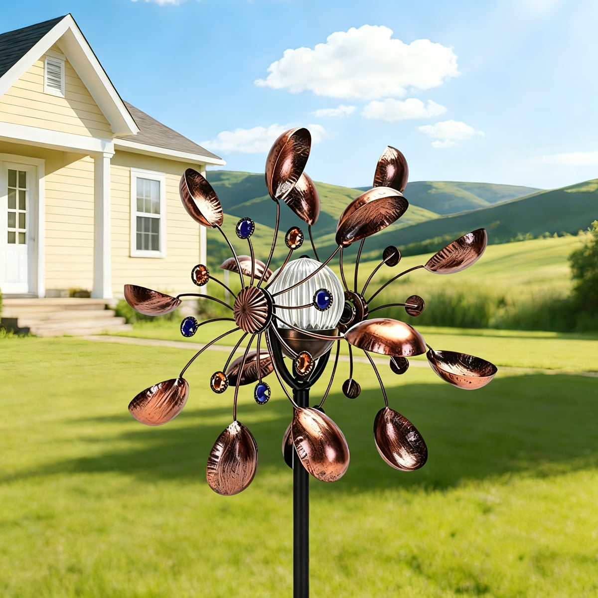 Garden Wind Spinner with Solar Multicolor LED Light, Metal Pinwheel Yard Decor with Listed 72-Inch Size and Red, Bronze, Blue or Butterfly Design Options