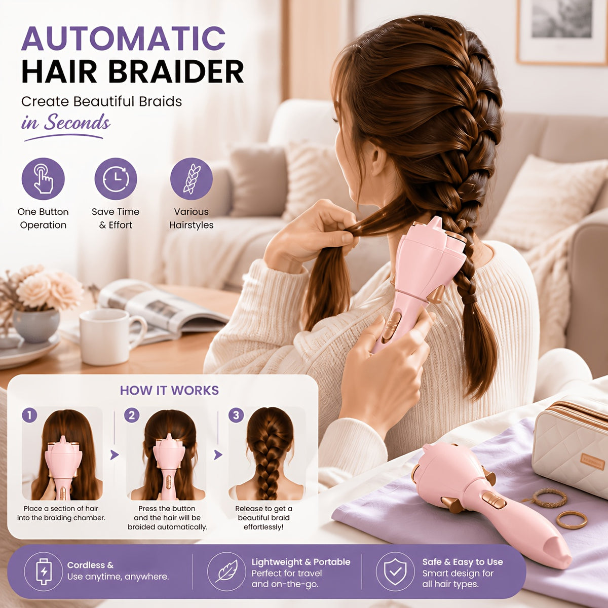 Automatic Hair Twister in Pink, Cordless Electric One-Button Styling Tool for Long Hair, Everyday Looks, Travel, Parties and Weddings, Battery Not Included