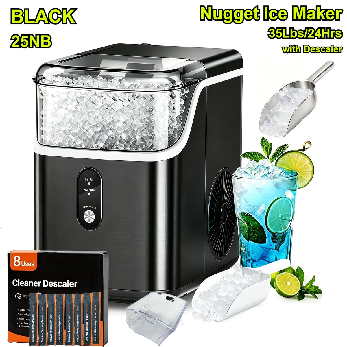 Self-Cleaning Countertop Ice Machine for Home and Kitchen, Nugget or Bullet Ice Model Options with Listed 35lb or 26lb Output for Everyday Drinks