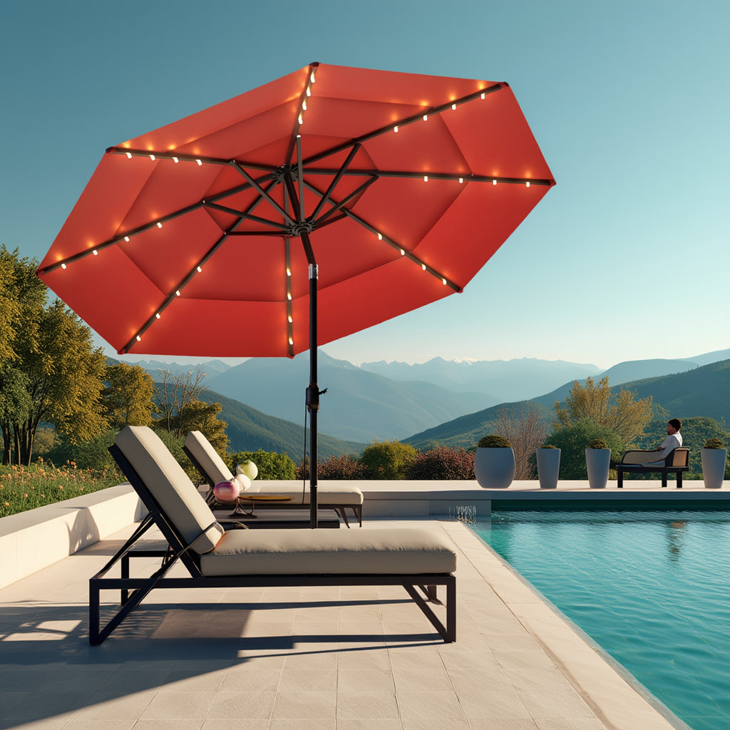 Triple Vented Patio Umbrella in Burgundy, 10ft or 11ft Outdoor Market Shade with Push-Button Tilt, Eight Ribs and 180GSM Yarn-Dyed Canopy for Garden Seating