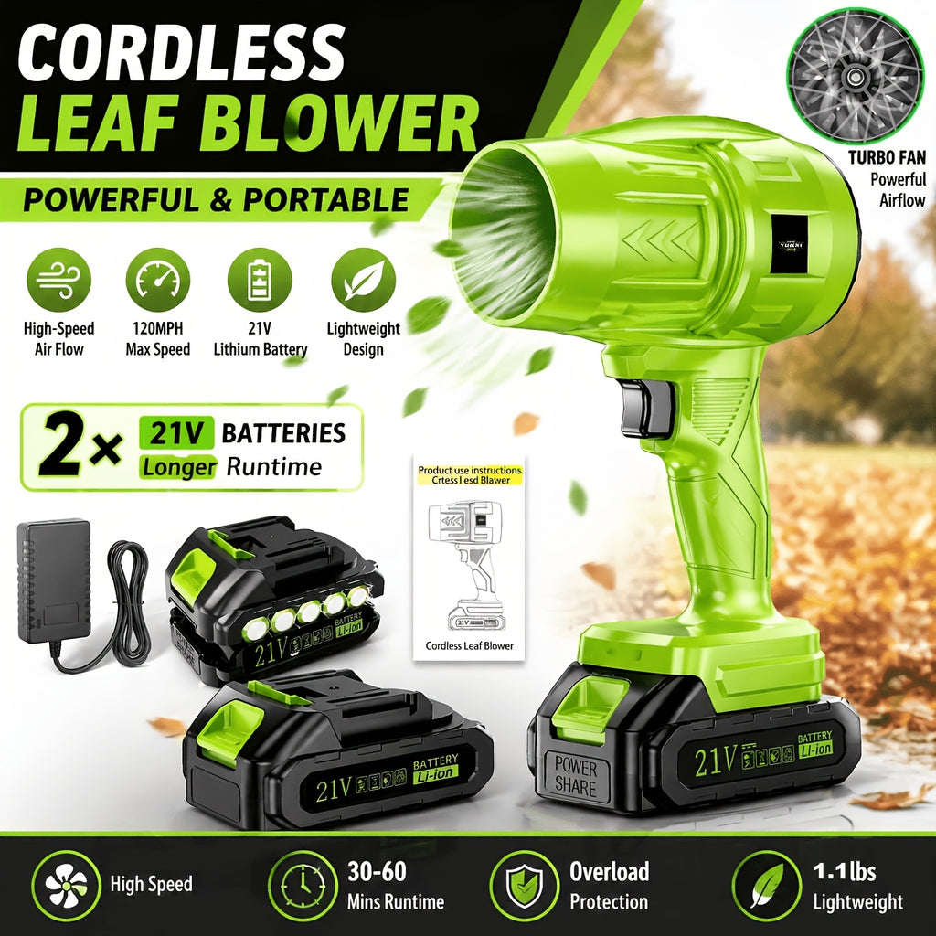 Cordless Turbo Fan Leaf Blower for Outdoor Leaves and Dust, Portable Handheld Cleaning Tool with One- or Two-Battery Accessory Options