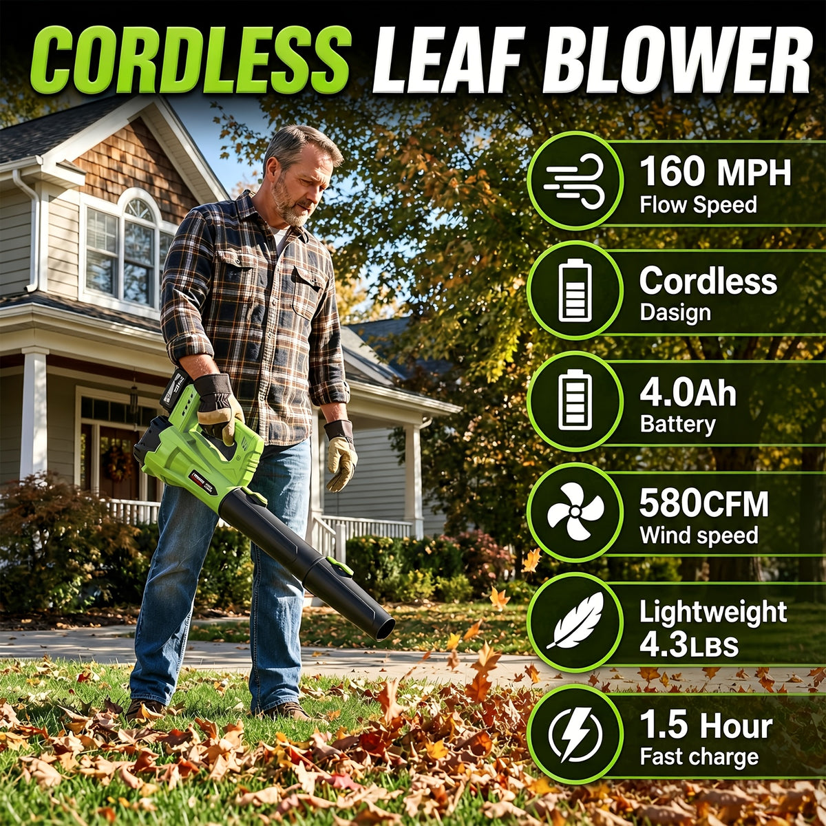 Extension Nozzle Leaf Blower with Non-Slip Handle, Green 4000mAh or Yellow 2000mAh One- and Two-Battery Options for Outdoor Leaf Cleanup and Yard Maintenance