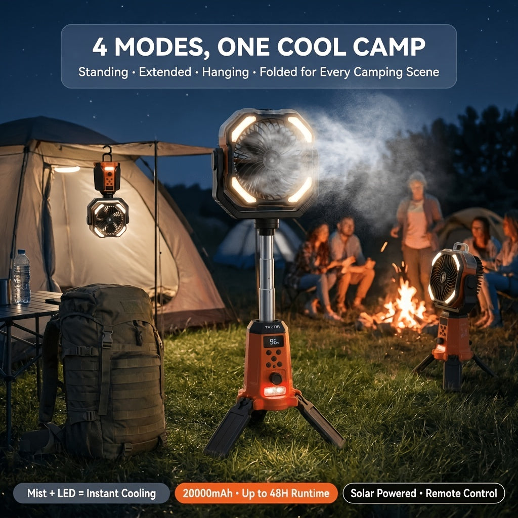 Dual-Motor Camping Fan with Listed Remote Control, 1–100 Speed Adjustment and Oscillation, Classical, Mist and Solar Option Labels for Tent and Outdoor Airflow