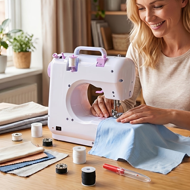 Sewing Machine with Adjustable Speed and 12 Stitch Patterns, White Purple Portable Electric Design for Beginner Practice, Home Fabric Repairs and DIY Crafts
