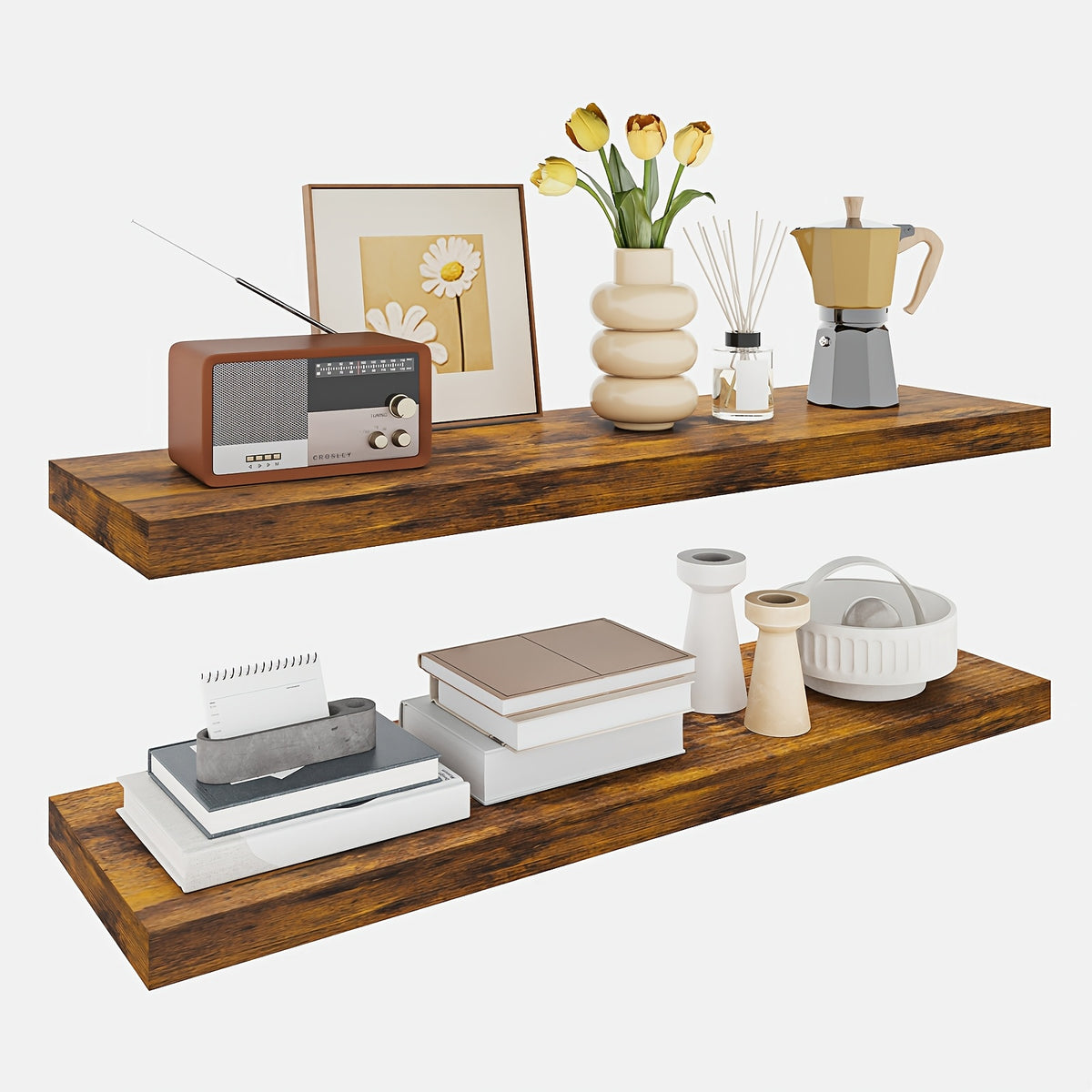 Floating Wall Shelves Two-Pack with Listed 32-Inch Length and Hidden Bracket Design, White, Walnut or Brown Labels for Home Decor and Seasonal Displays