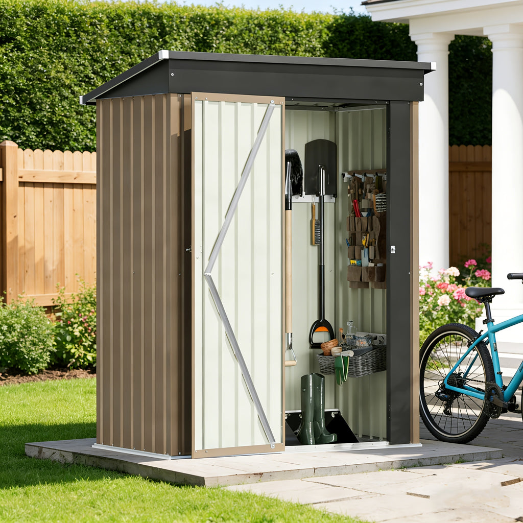 Outdoor Metal Tool Shed in Listed 5 x 3 FT Size, Garden Storage Building with Single Lockable Door and Sloping Roof, Brown, Grey or White Model Options