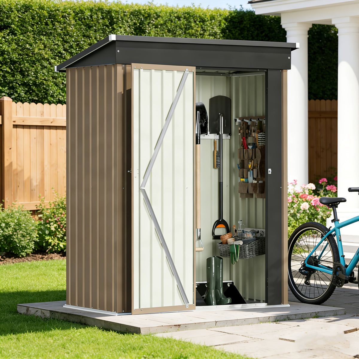 Outdoor Metal Tool Shed in Listed 5 x 3 FT Size, Garden Storage Building with Single Lockable Door and Sloping Roof, Brown, Grey or White Model Options