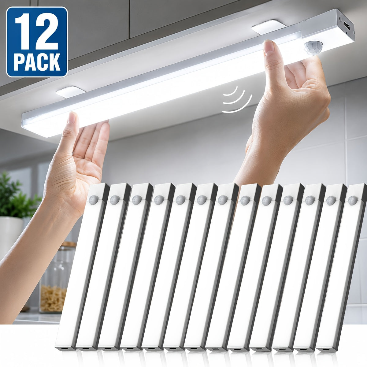Magnetic Motion Sensor Cabinet Lights in Twelve-Piece Options with Listed USB Rechargeable Design and Three Modes, 10, 20 or 30cm Sizes for Indoor Storage Areas