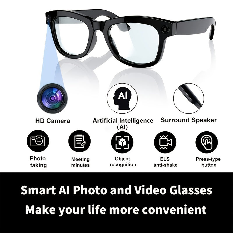 Smart Camera Glasses with Black Sunglasses and Transparent Lens Options, Including 5MP-Labeled Styles, Listed Wireless Video, Audio and AI Voice Features